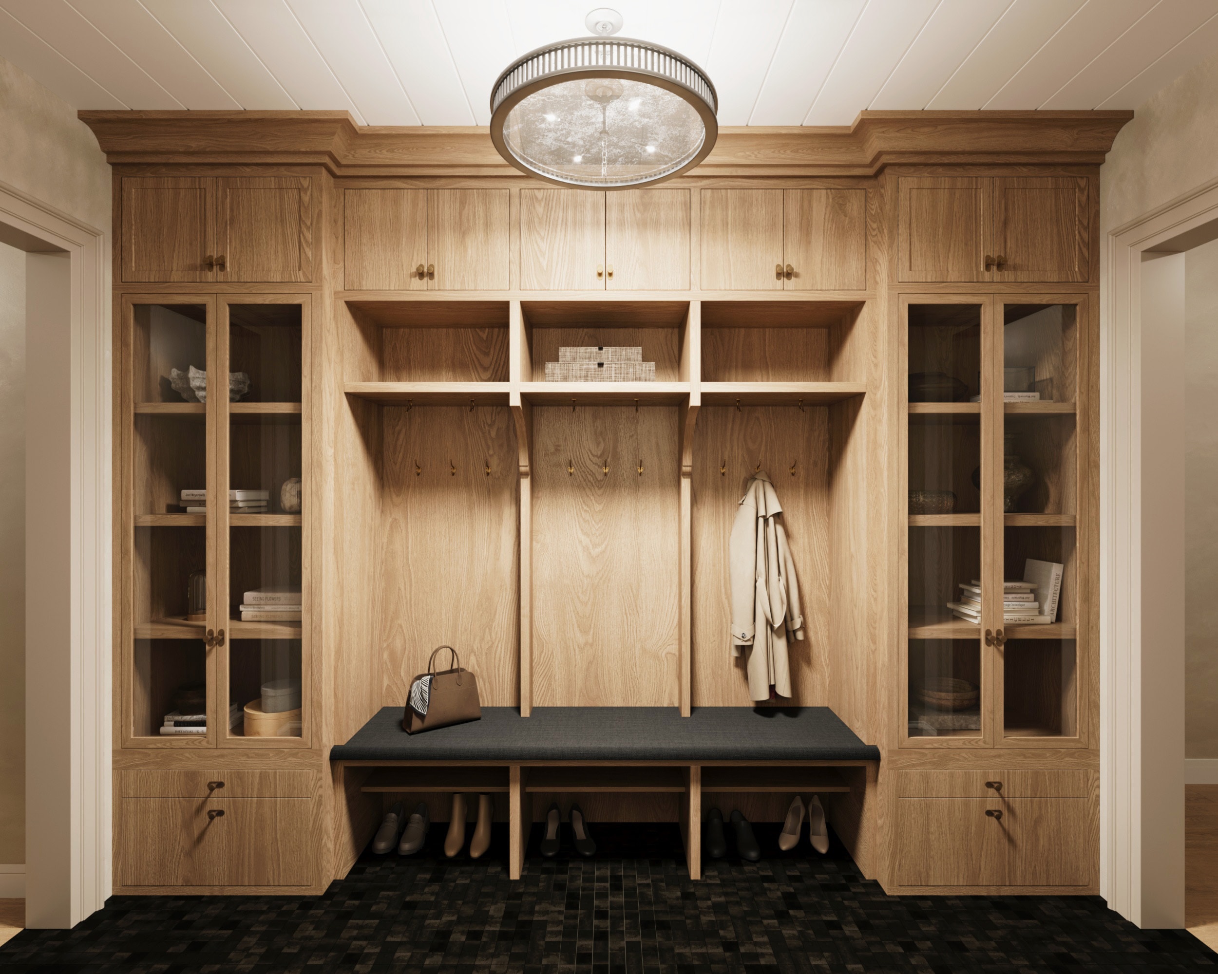 Greenwich Village — mudroom with natural oak cabinetry