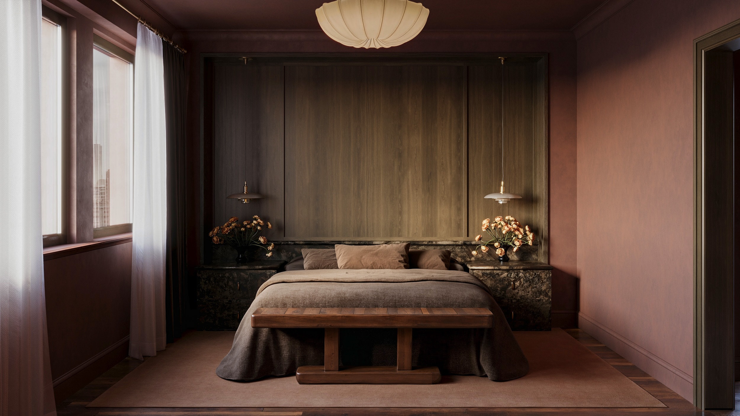 Greenwich Village — bedroom with dark wood paneling and warm tones